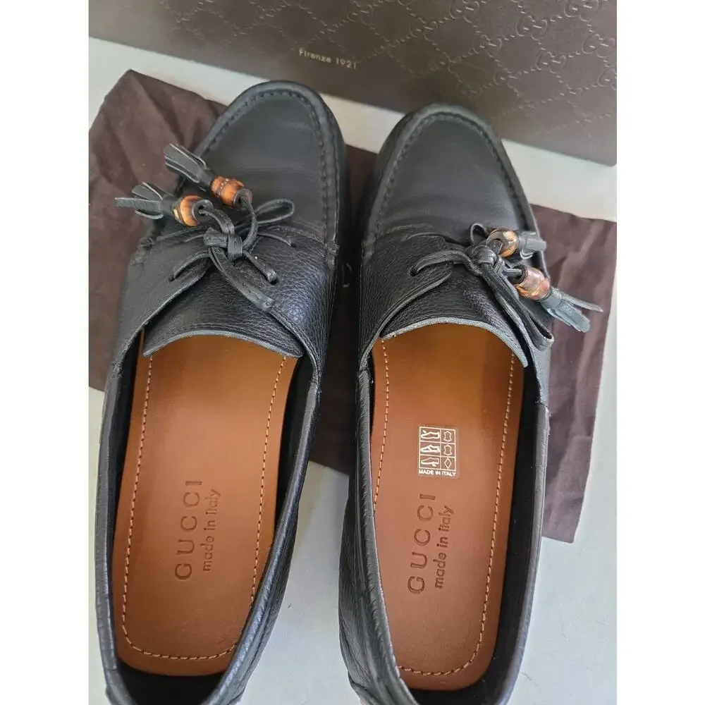 GUCCI Loafers Leather Shoes Laces Tassels Bamboo Navy Men's Size UK 8 Us8.5